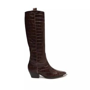 Schutz Tessie Crocodile-Embossed Leather Boot, Dark Chocolate, Size 8